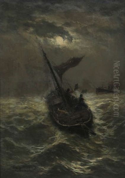 Bateaux De Peche Par Temps Orageux Au Clair De Lune Oil Painting by Edouard-Joris Moerenhout