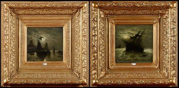 Marine Au Clair De Lune (+ Un Navire En Detresse; 2 Works) Oil Painting by Edouard-Joris Moerenhout