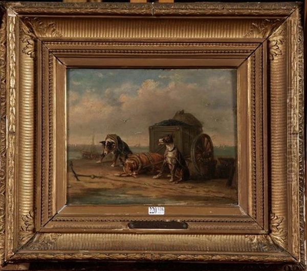 Attelage De Chiens Tirant Des Moules Sur La Plage Oil Painting by Edouard-Joris Moerenhout