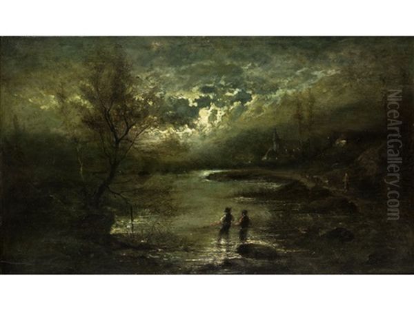 Fischer Im Uferwasser In Nachtlicher Seelandschaft Oil Painting by Edouard-Joris Moerenhout