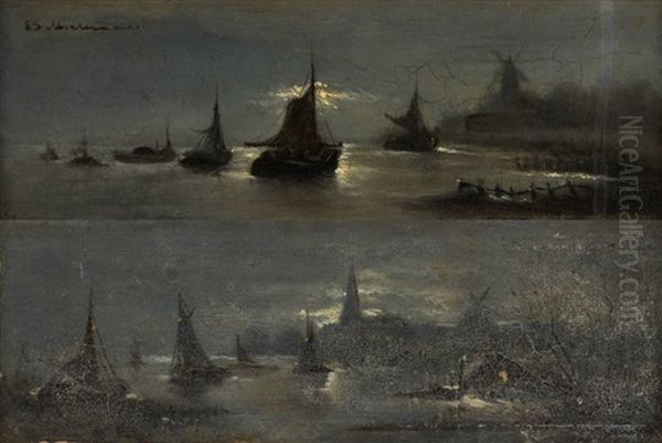 Vues Portuaires Nocturnes (2 Works) Oil Painting by Edouard-Joris Moerenhout