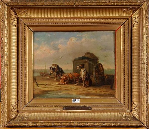 Chiens Tirant La Charette De Moules Sur La Plage Oil Painting by Edouard-Joris Moerenhout