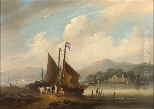 Kauffahrteiszene Mit Angelegten Booten Und Figurenstaffage Vor Hugeligem Hintergrund Oil Painting by Joseph Jodocus Moerenhout