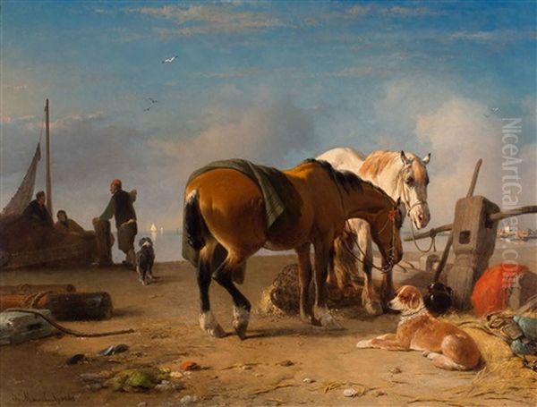 Resting Horses And Dog On A Bank Of The Scheldt Oil Painting by Joseph Jodocus Moerenhout