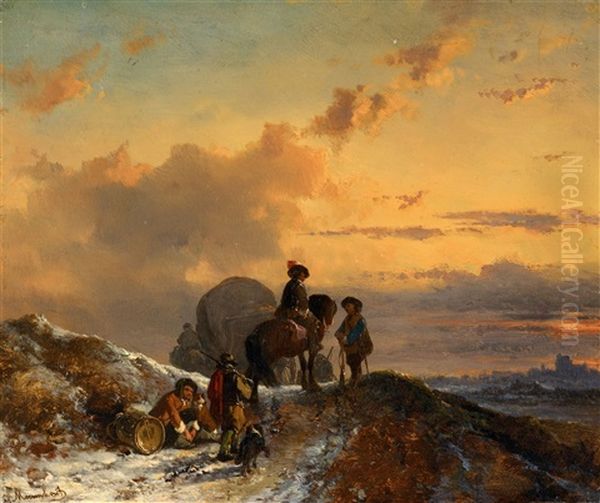 Winter Landscape With Soldiers At Rest by Joseph Jodocus Moerenhout