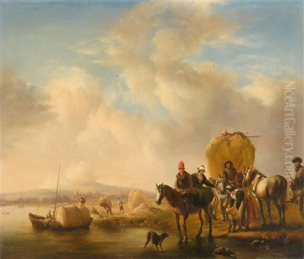 Bauern Beim Heuen Am Wasser Oil Painting by Joseph Jodocus Moerenhout