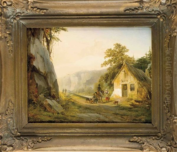 Rastender Jager In Einer Bergigen Landschaft Mit Pittoresker Kleiner Wassermuhle Oil Painting by Joseph Jodocus Moerenhout