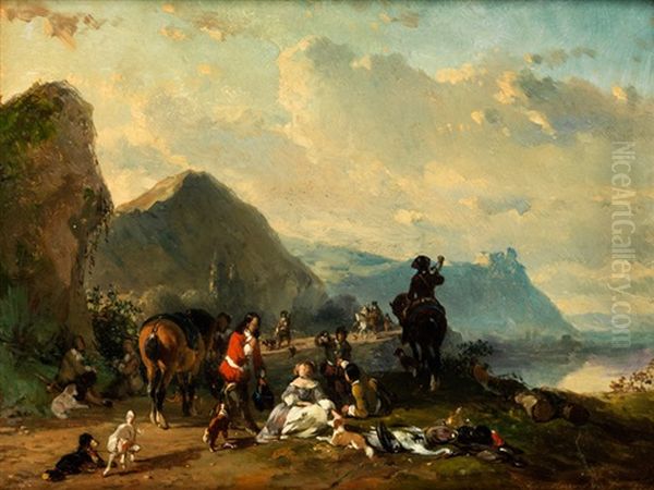 Rastende Jagdgesellschaft In Landschaft Mit Bergen Und See Oil Painting by Joseph Jodocus Moerenhout