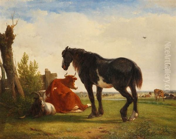 Vaches, Cheval Et Chevre Dans La Prairie by Joseph Jodocus Moerenhout