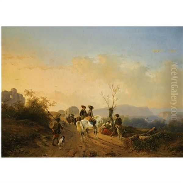 Travellers In A Summer Landscape Oil Painting by Joseph Jodocus Moerenhout