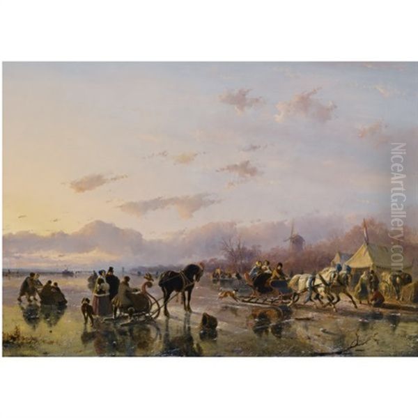 A Winterscene With Skaters And Horse Drawn Sleighs Oil Painting by Joseph Jodocus Moerenhout