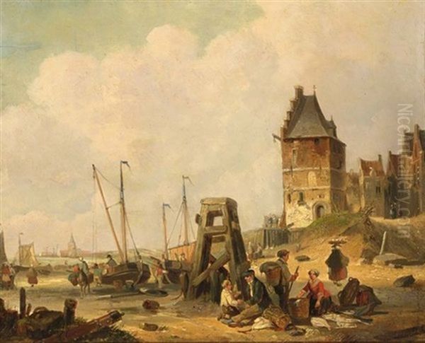 Fisherfolk In A Village, Zeeland Oil Painting by Joseph Jodocus Moerenhout