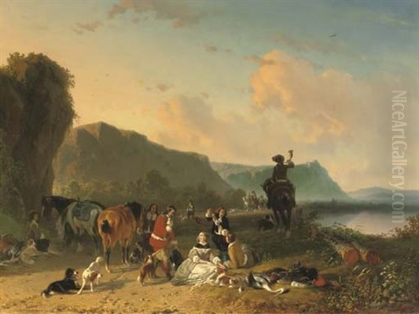 Ontspanning Na De Reigerjacht: An Elegant Hunting Party Oil Painting by Joseph Jodocus Moerenhout