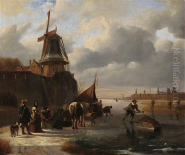 Zugefrorener Hollandischer Kanal Vor Den Toren Einer Grosen Stadt Oil Painting by Joseph Jodocus Moerenhout