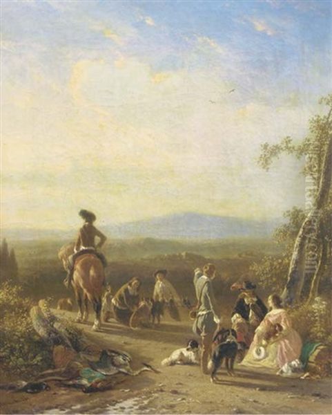 A Rest After The Falcon Hunt Oil Painting by Joseph Jodocus Moerenhout