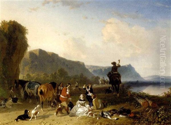 Ontspanning Na De Reigerjacht: An Elegant Hunting Party At Rest Oil Painting by Joseph Jodocus Moerenhout