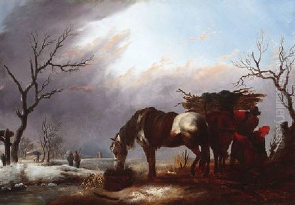 Reisigsammler Mit Ihren Pferden In Verschneiter Winterlandschaft Oil Painting by Joseph Jodocus Moerenhout