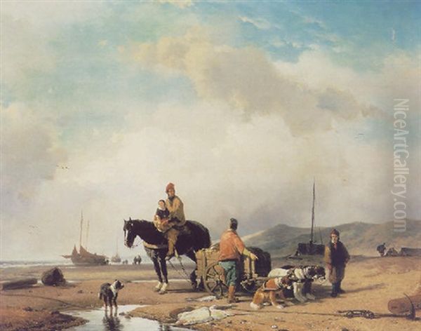 Unloading The Catch Oil Painting by Joseph Jodocus Moerenhout