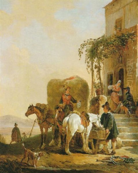 Ryttarsallskap Vid Vardshus Oil Painting by Joseph Jodocus Moerenhout