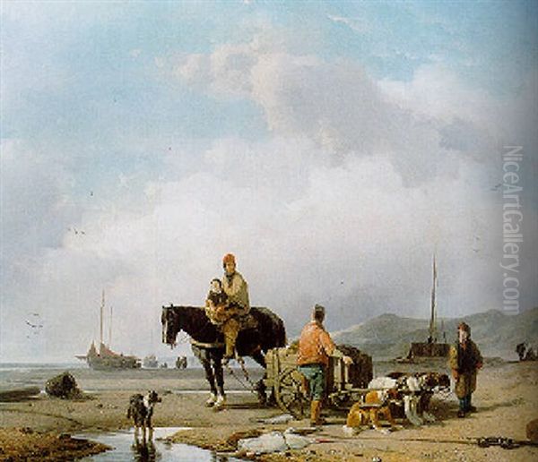 Unloading The Catch, Low Tide Oil Painting by Joseph Jodocus Moerenhout