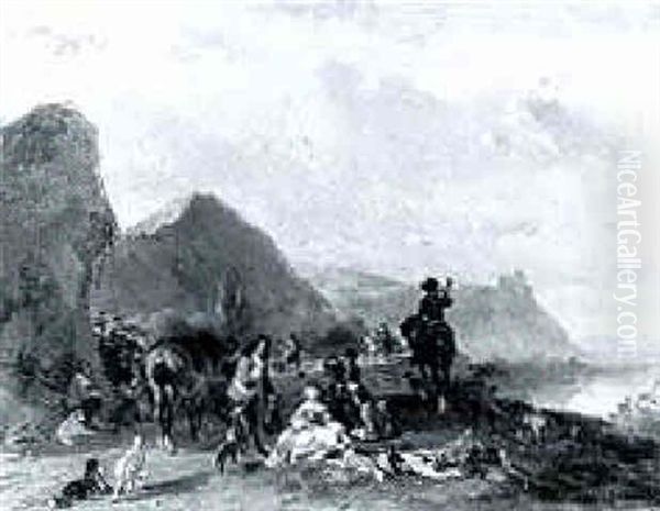 A Hunting Party Resting In A River Valley by Joseph Jodocus Moerenhout