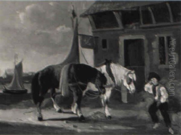 Horses Feeding Outside A Stable Off The Shore Oil Painting by Joseph Jodocus Moerenhout