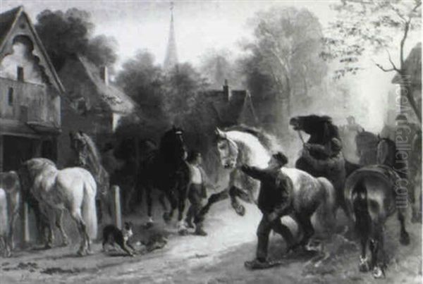 A Horse Market Oil Painting by Joseph Jodocus Moerenhout