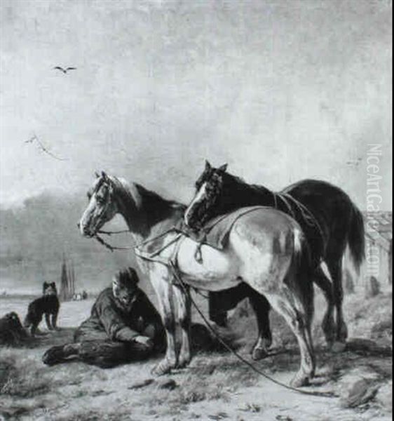 Fisherman With Horses In The Dunes Oil Painting by Joseph Jodocus Moerenhout