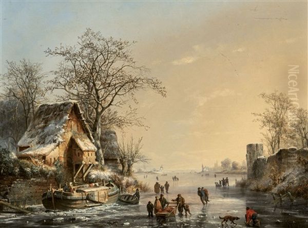 Animated River Landscape In Winter Oil Painting by Albert Eduard Moerman