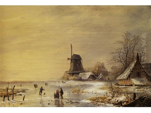 Niederlandische Winterlandschaft Mit Vereistem Poldersee, Windmuhle Und Verschneiten Hausern Oil Painting by Albert Eduard Moerman