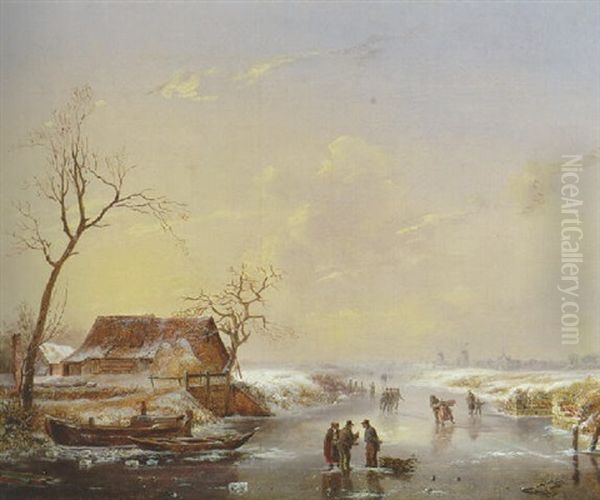 A Winter Landscape With Figures On A Frozen River Oil Painting by Albert Eduard Moerman