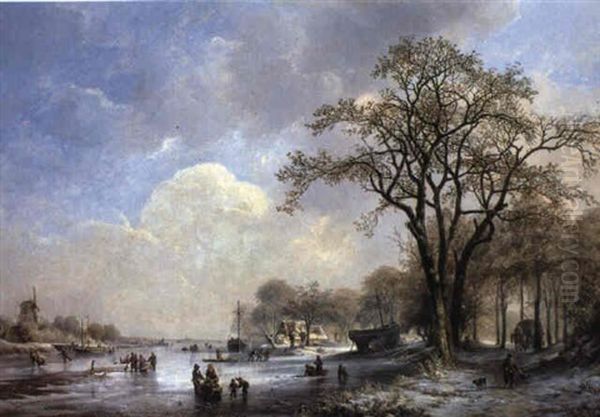 Winter Landscape With Figures On Frozen River Oil Painting by Albert Eduard Moerman