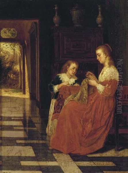 The Sewing Lesson Oil Painting by Jan Moerman