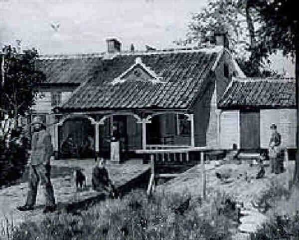 Countryfolk Outside A Tavern On A Summer's Day Oil Painting by Jan Moerman