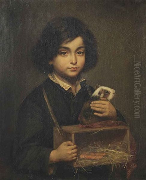 A Boy With A Guinea Pig On It's Cage Oil Painting by Wally (Walburga Wilhelmina) Moes