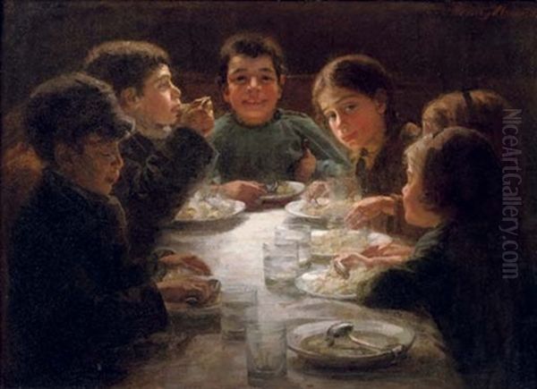 A Children's Dinner Oil Painting by Wally (Walburga Wilhelmina) Moes