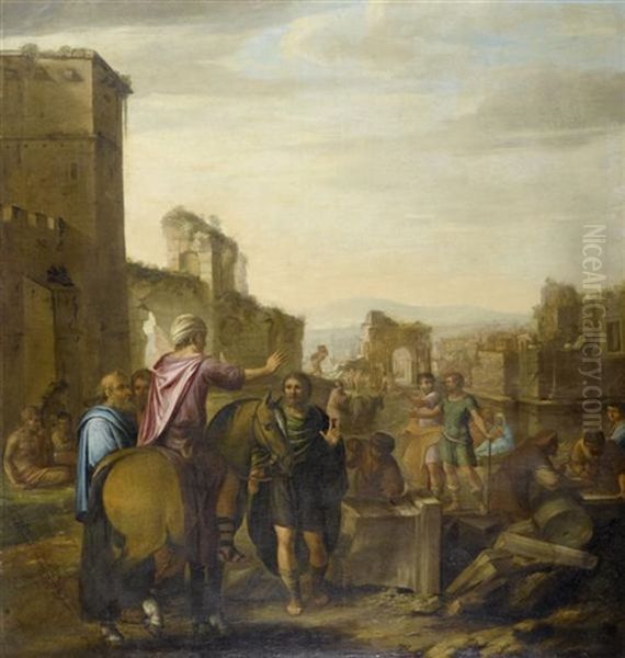 Handwerker Vor Einer Stadtansicht Oil Painting by Claes Cornelisz Moeyaert