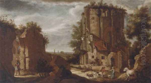 An Italianate Landscape With Drovers And Their Cattle Near A Ruin Oil Painting by Claes Cornelisz Moeyaert