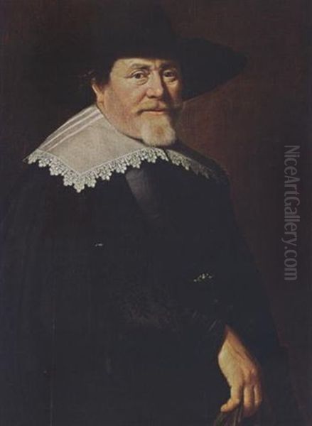 A Portrait Of A Bearded Gentleman Wearing A Black Suit, A Black Hat And A White Lace Collar, Holding Gloves In His Right Hand Oil Painting by Claes Cornelisz Moeyaert