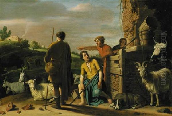 Shepherds With Their Flock By A Well, Cottages Beyond Oil Painting by Claes Cornelisz Moeyaert