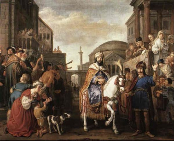 Mordecai Triumphantly Entering The City Oil Painting by Claes Cornelisz Moeyaert