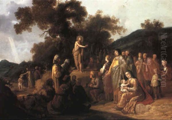 St. John The Baptist Preaching With The Baptism Of Christ Oil Painting by Claes Cornelisz Moeyaert