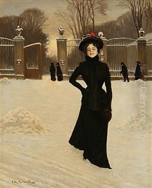 Winter Street Scene Wtih An Elegant Lady In Front Of Frederiksberg Garden, Denmark Oil Painting by Ludvig Mogelgaard