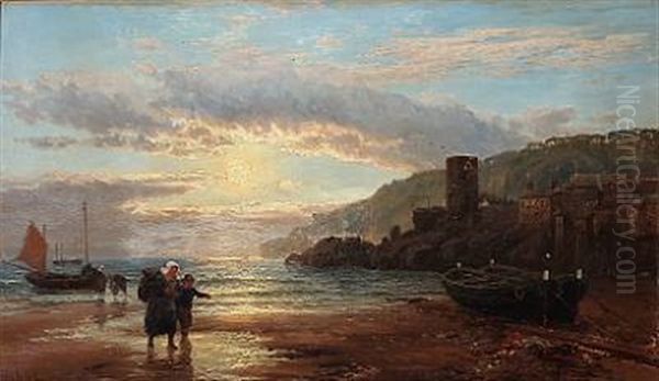 Sunny Morning With Fisher Families On A Beach, Presumably From Saint Peter Port On Guernsey Oil Painting by John Mogford