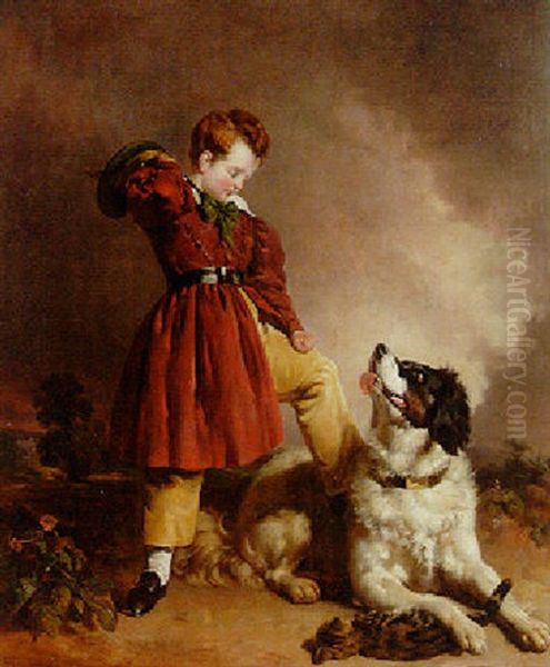 A Boy Standing In A Landscape With A Dog And Kitten Oil Painting by John Mogford