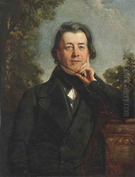 Portrait Of Malcolm Lewin Esq., Standing Full Half-length, Leaning On A Balustrade In A Black Coat Oil Painting by Thomas Mogford