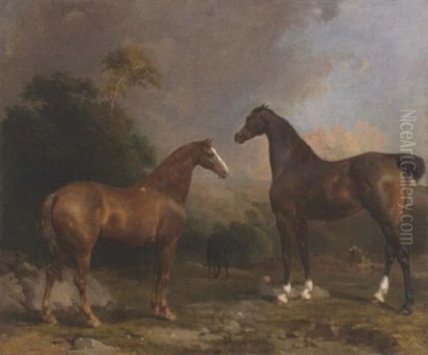 Horses In A Wooded Landscape Oil Painting by Thomas Mogford