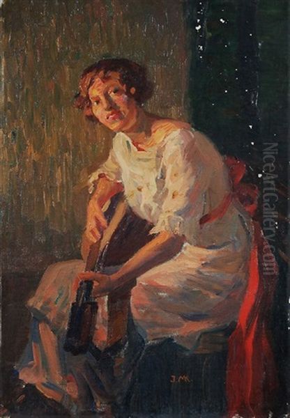 Junge Frau Mit Gitarre Oil Painting by Johannes Heinrich Mogk