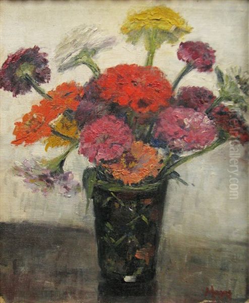 Zinnias Oil Painting by Nicolae Petrescu Mogos