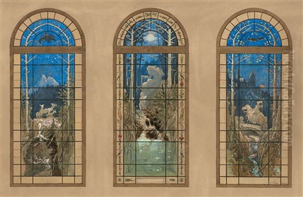 Three Designs For Stained Glass Windows, With Fairytale Motifs Oil Painting by Viktor Paul Mohn